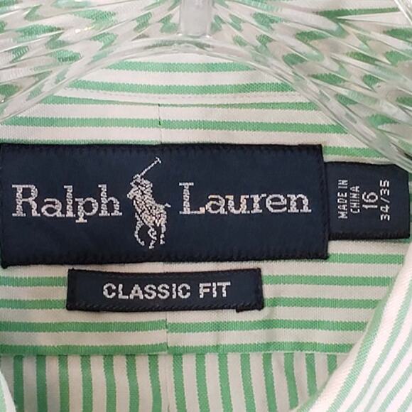Polo Ralph Lauren Shirt Mens Size 16 Large Green Stripe Button Down Oxford LS - Picture 6 of 8